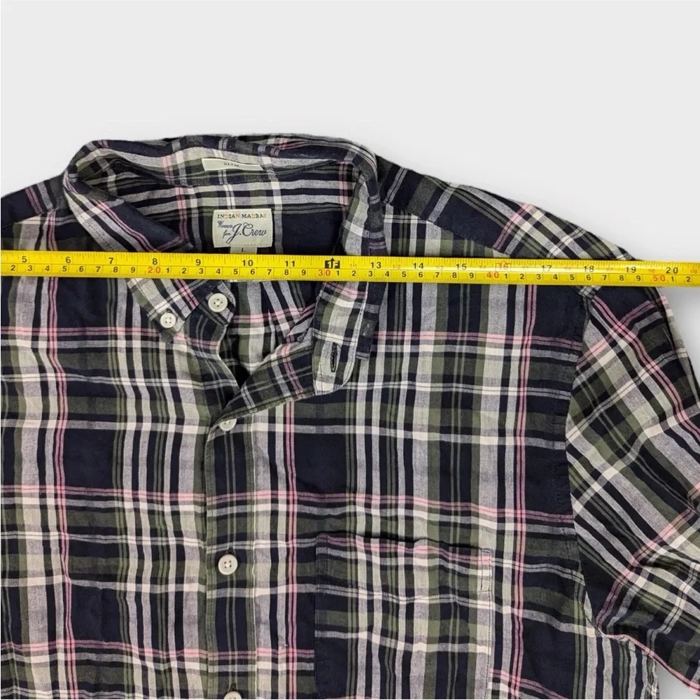 J. Crew Indian Madra Slim Fit Shirt Mens Large Green Blue Gray Plaid Pattern